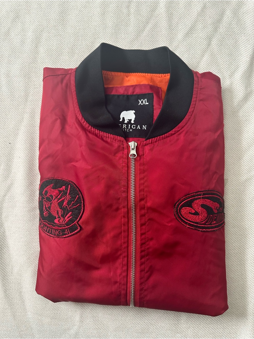 American Stitch Red Bomber Jacket with Black Collar and Patch Logos